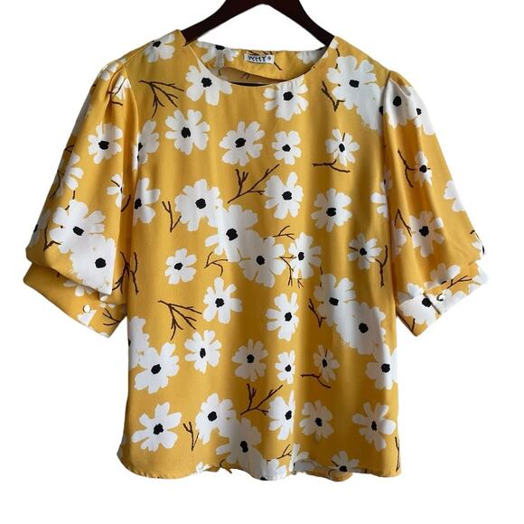Why Dress Women Flowy Top M Yellow Floral Short Tiered Puff Sleeve‎ Cottoncore - Picture 1 of 10